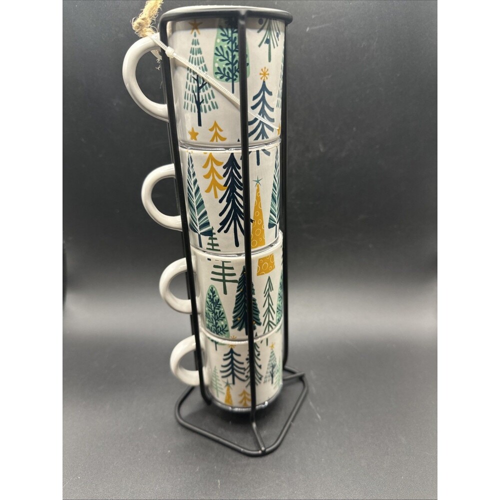 Espresso Cups W/ Wire Rack Christmas Stackable Winter Trees New
